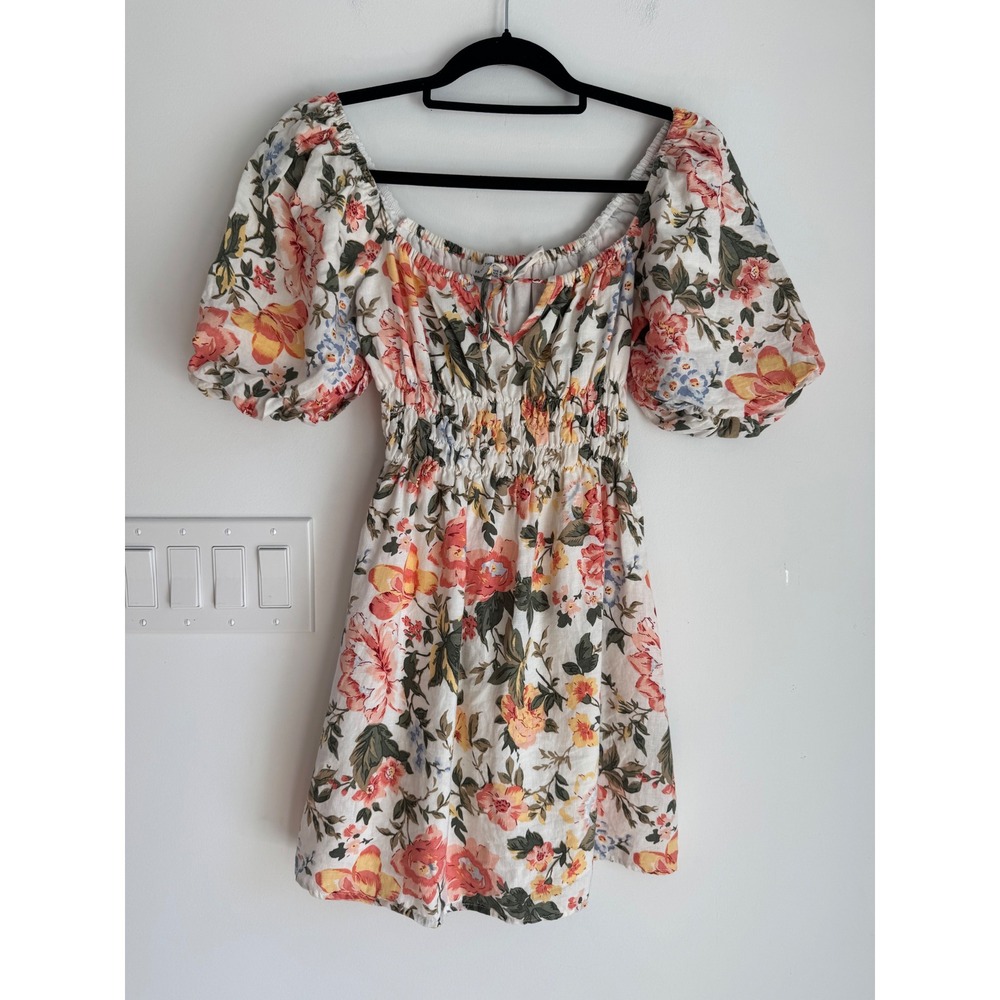 Faithfull The Brand Floral 100% Linen Smocked Mini Dress White Colorful Size S